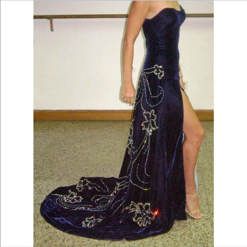 Blue Velvet and Silk Hand Beaded Evening Gown